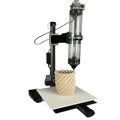 3D Potter Super 10 3D Clay Printer-with ceramic tan vase-front right angle view