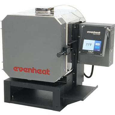 Front slightly left-angled view of Evenheat Cube 7 Heat Treat Oven on metal stand featuring the Tap II temperature controller.