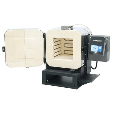View of front slightly-left angled view of left-side hinged front-loading door open on Evenheat Kilns Cube 7 Heat Treat Oven, placed on a short metal stand and featuring the TAP II temperature controller.