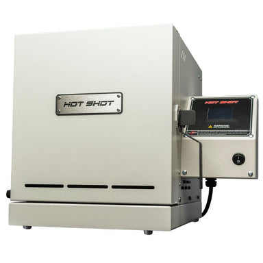 Straight-on view of closed HS-7GV Vitrigraph Glass kiln from Hot Shot with digital controller on right side.