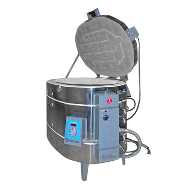 Front-facing, left-angled, opened DM2523HE dual-media, electric kiln from Olympic, with temperature controller