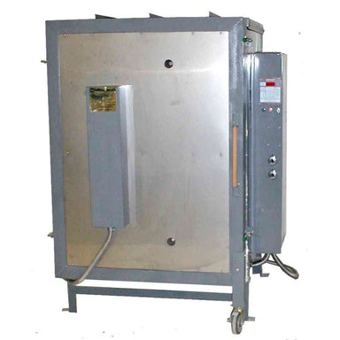 Front view of closed Olympic Kilns FL20E Large Capacity Kiln with dedicated breaker box on door and electrical box and controller on right side of kiln