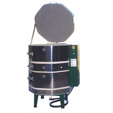 Product photo of Olympic Kilns MAS1823HE electric kiln with lid opened and solid green electronic controller box.