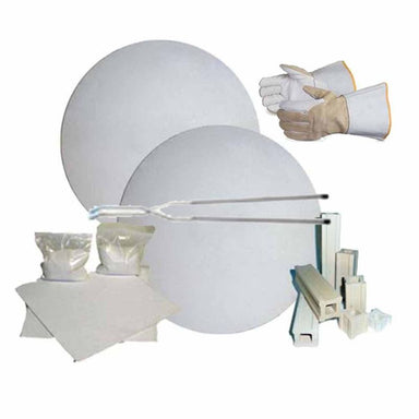 Collage of elements in the 1214 Raku Furniture Kit from Olympic Kilns: 2 10-inch x 10-inch round shelves, 1- and 6-inch small square posts, kiln wash, heavy duty gloves, and raku tongs.