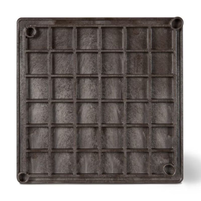 back side of 7.5-inch square brown plastic pottery wheel bat from Speedball Art