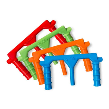 group shot of the 4 color options (blue, orange, green, red) of Speedball Art's Boss Base Pottery Wheel tool.