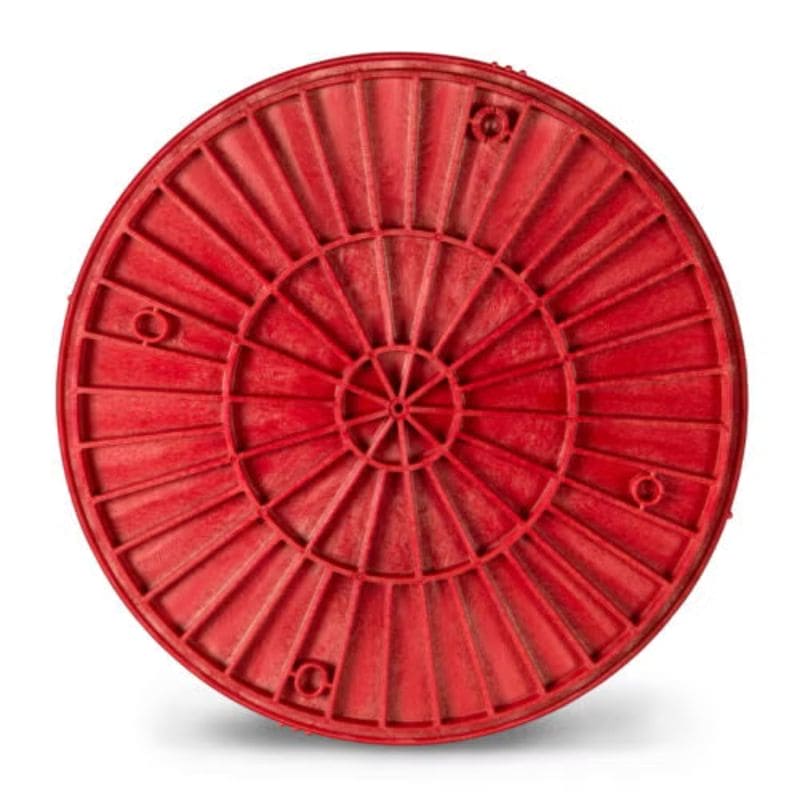 back side of 12-inch round red plastic pottery wheel bat from Speedball Art