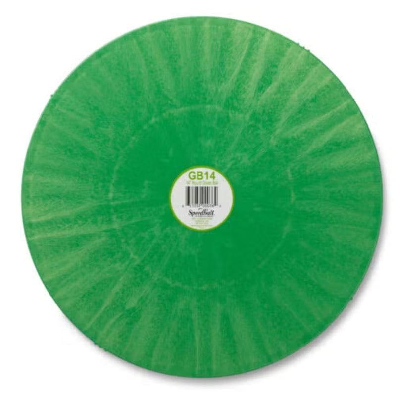 front side of 14-inch round green plastic pottery wheel bat from Speedball Art