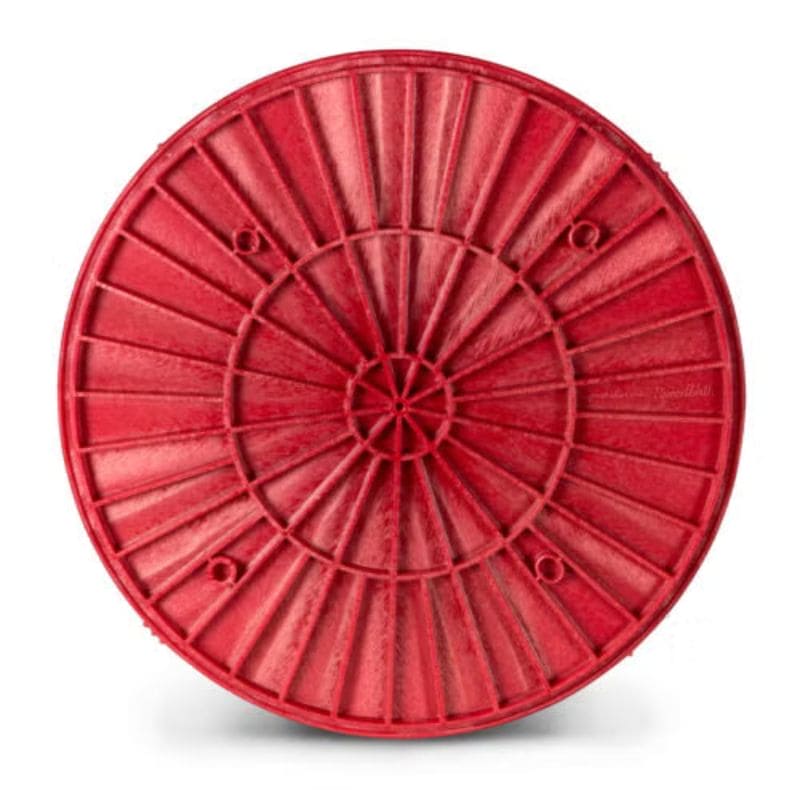 back side of 14-inch round red plastic pottery wheel bat from Speedball Art