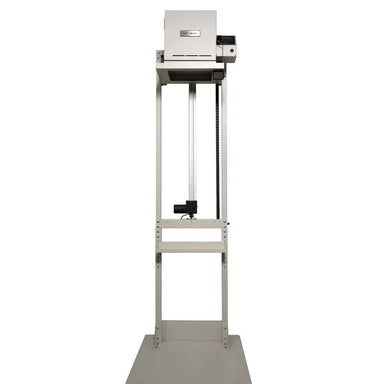 Straight-on view of closed HS-7GV Vitrigraph Glass kiln from Hot Shot with digital controller on right side placed on and raised on Hot Shot's motorized VitriLift Electric Vitrigraph Lift.