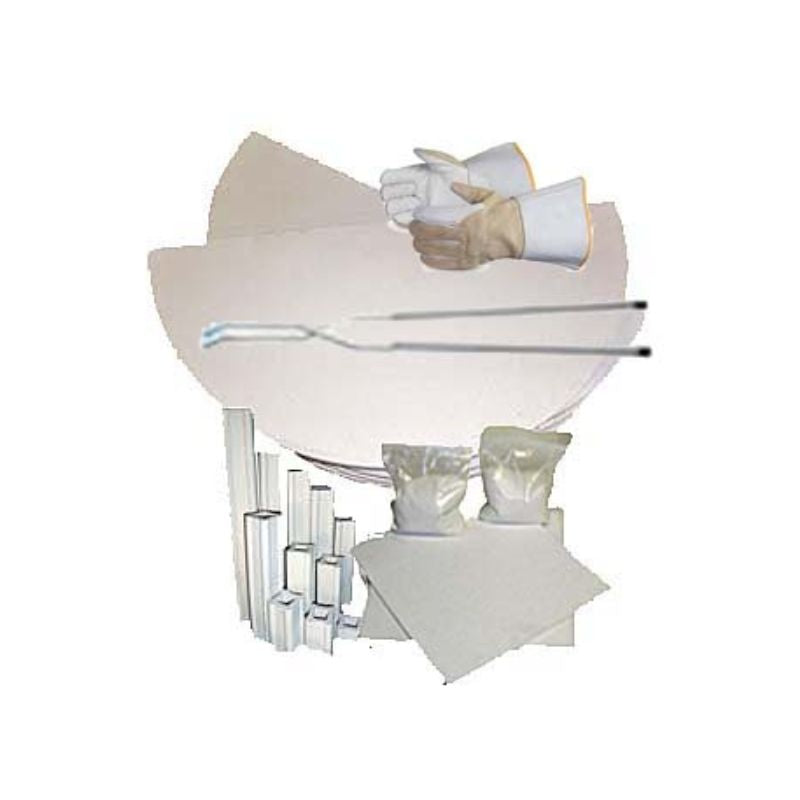 Representative image of Olympic Kilns raku furniture kits showing shelves, posts, kiln wash, ceramic paper, tongs, and heavy-duty gloves