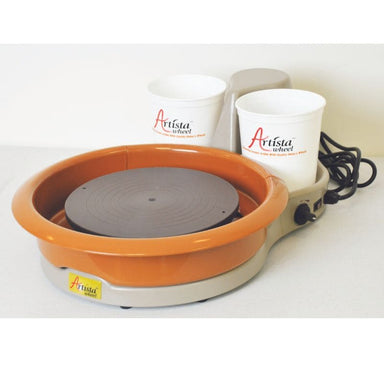 Speedball Pottery Wheel-2 white tool-water buckets-brown splash pan