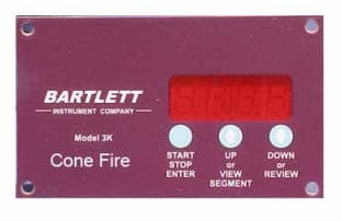 Close-up view of Bartlett 3-key cone fire 3K-CF temperature controller used on Olympic Kilns