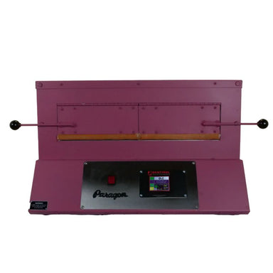 Straight-on view of closed Bluebird glass annealing kiln from Paragon, painted in Berry color, with Sentinel TouchXpress controller below door.