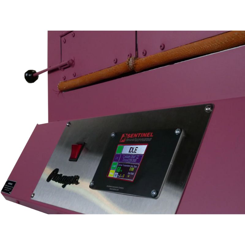 Close-up, angled view of the Sentinel TouchXpress controller on a berry-colored Bluebird Glass Annealing kiln from Paragon.