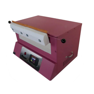 View of left-angled, opened Bluebird glass annealing kiln from Paragon, painted in Berry color, with Sentinel TouchXpress controller below door.