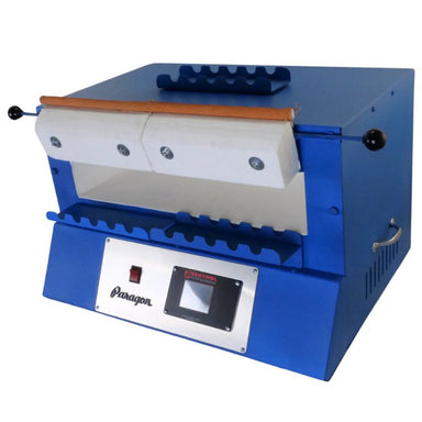View of left-angled, opened Bluebird XL glass annealing kiln from Paragon, painted in Paragon Blue color, with Sentinel TouchXpress controller below door.
