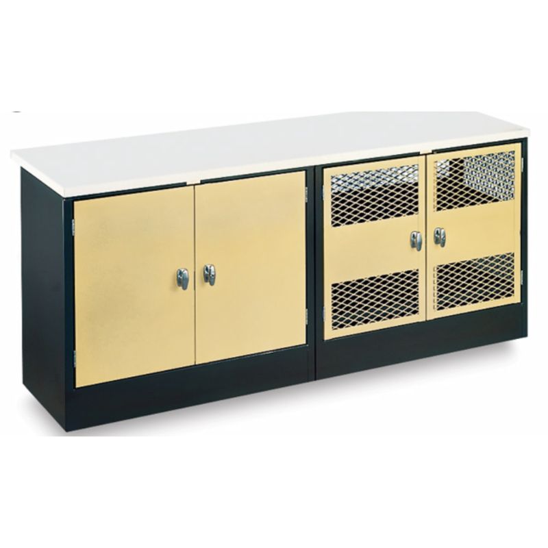 Debcor 9300 combination damp and dry cabinet workstation with laminated work surface, storage cabinets, and drying shelves for ceramic studios and classrooms.