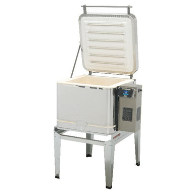 Slightly left-angled front view of opened top-loading GTS 17 glass kiln from Evenheat, with electrical box and temperature controller on right side of kiln, all sitting on a metal stand.