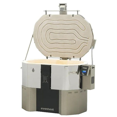 Front-facing, left-angled, opened top-loading Evenheat GTS 2541 Glass Kiln with electrical box-controller on right and top of Dyna-Lift Lid Lift Assist on top of image
