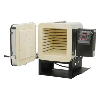 Side-opening door open on Evenheat HT Series Heat Treating Oven on metal stand with electronic box and controller and tool rest on right side