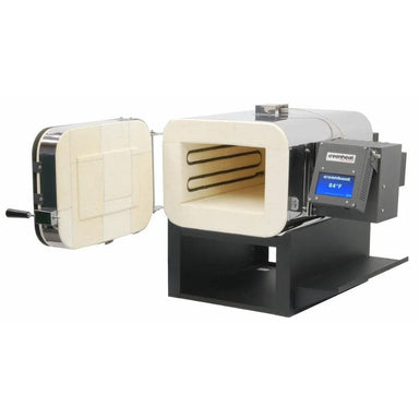 Angled view of Evenheat LB Series Heat Treating Oven with side-opening door open with temperature controller on right side