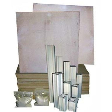 Elements of a furniture kit customized for Olympic Kilns FL64E and FL64E Car Kilns, including large rectangle shelves and square posts of various lengths, plus bags of kiln wash.