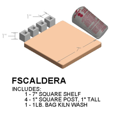 Illustrated image of the Paragon Kilns  Furniture Kit built for their Cardera and Firefly Series kilns. It contains one 7" square shelf, 4 small square 1" tall posts, and a 1-pound bag of kiln wash.
