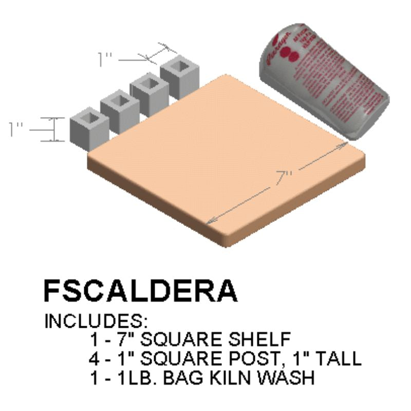 Illustrated image of the Paragon Kilns  Furniture Kit built for their Cardera and Firefly Series kilns. It contains one 7" square shelf, 4 small square 1" tall posts, and a 1-pound bag of kiln wash.