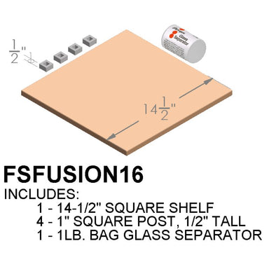 Illustrated image of the Paragon Kilns  Furniture Kit built for their Fusion 16 and CS16 kilns. It contains one 14.5" shelf, 4 small 1" square posts  (1/2" tall), and a 1-pound bag of glass separator.