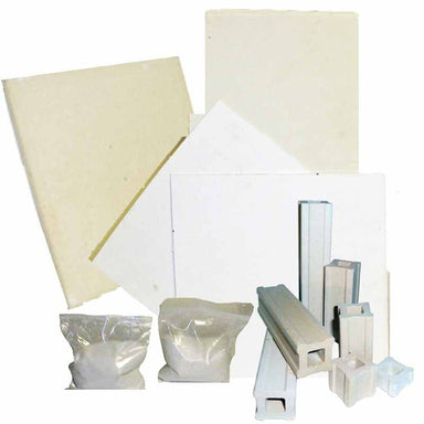 Representative furniture kit from Olympic Kilns showing shelves, posts, kiln wash.