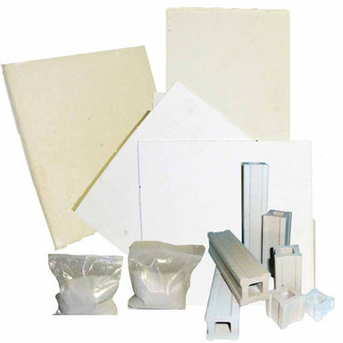 Representative furniture kit from Olympic Kilns with shelves, posts and kiln wash