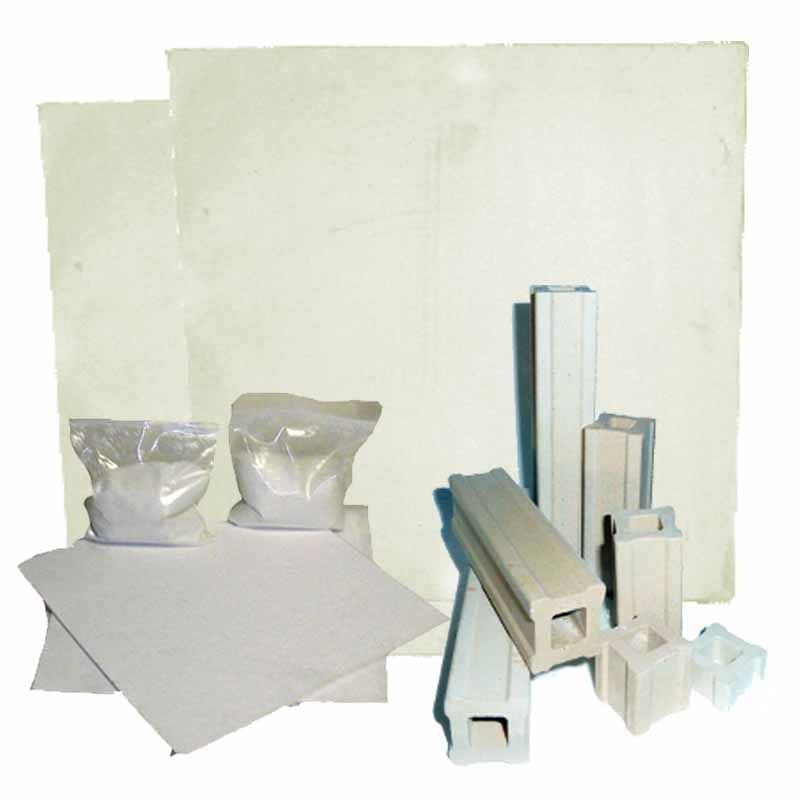 2 - 16” x 16” square shelves, 4 ea - 1/2, 1, 2 inch small square posts, 1 lb bag kiln wash, 2 sq ft ceramic paper - Furniture Kit for Olympic Kilns 18" Square Electric Glass Kilns