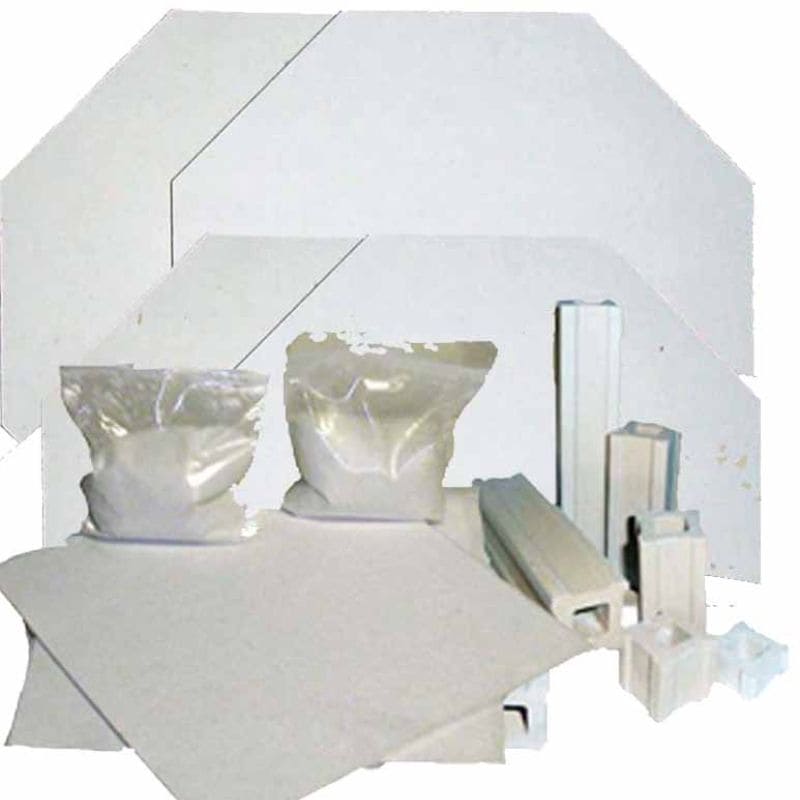1 - 15.5” x 16.5” octagon shelf, 4 - 15.5” x 7.75” half shelves, 6 ea 4, 6, 8 inch small square posts, 1 lb bag kiln wash - furniture kit for Olympic Kilns DM-18" High Electric Kiln models