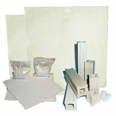 3 - 10” x 10” square shelves, 4 ea 1-6 inch small square posts, 1 lb bag kiln wash, 3 sq ft ceramic paper for Olympic Kilns Traveler Electric Kiln
