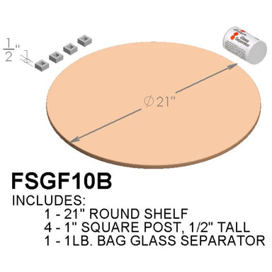 Illustrated image of the Paragon Kilns  Furniture Kit built for their Fusion 10 kiln. It contains one 21" round shelf, 4 small 1" square posts  (1/2" tall), and a 1-pound bag of glass separator.
