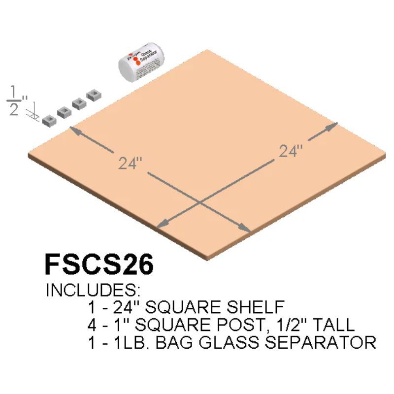 Illustrated image of the Paragon Kilns  Furniture Shelf Kit for the CS26 large capacity glass kiln. It contains one 24" square shelf, 4 small 1" square posts  (1/2" tall), and a 1-pound bag of glass separator.
