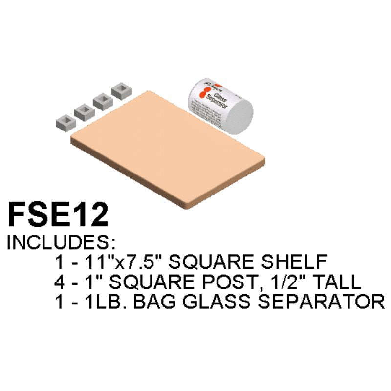 Illustrated image of the Paragon Kilns  Furniture Kit built for their E12 kiln. It contains one 11" x 7.5" shelf, 4 small 1" square posts  (1/2" tall), and a 1-pound bag of glass separator.