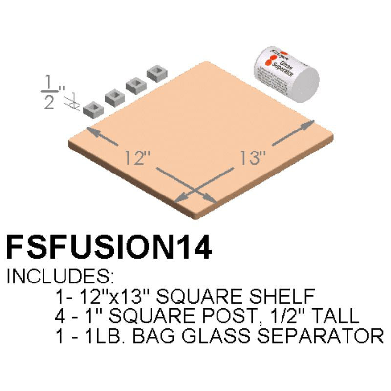 Illustrated image of the Paragon Kilns  Furniture Kit built for their Fusion 14 and CS14 kilns. It contains one 12" x 13" shelf, 4 small 1" square posts  (1/2" tall), and a 1-pound bag of glass separator.