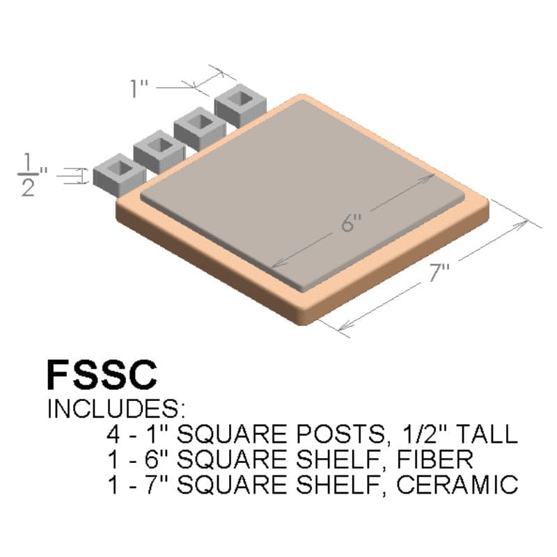 Illustrated image of the Paragon Kilns SC2 Furniture Kit contained one 6" square fiber shelf, 4 small square posts, and one 7" square ceramic shelf.