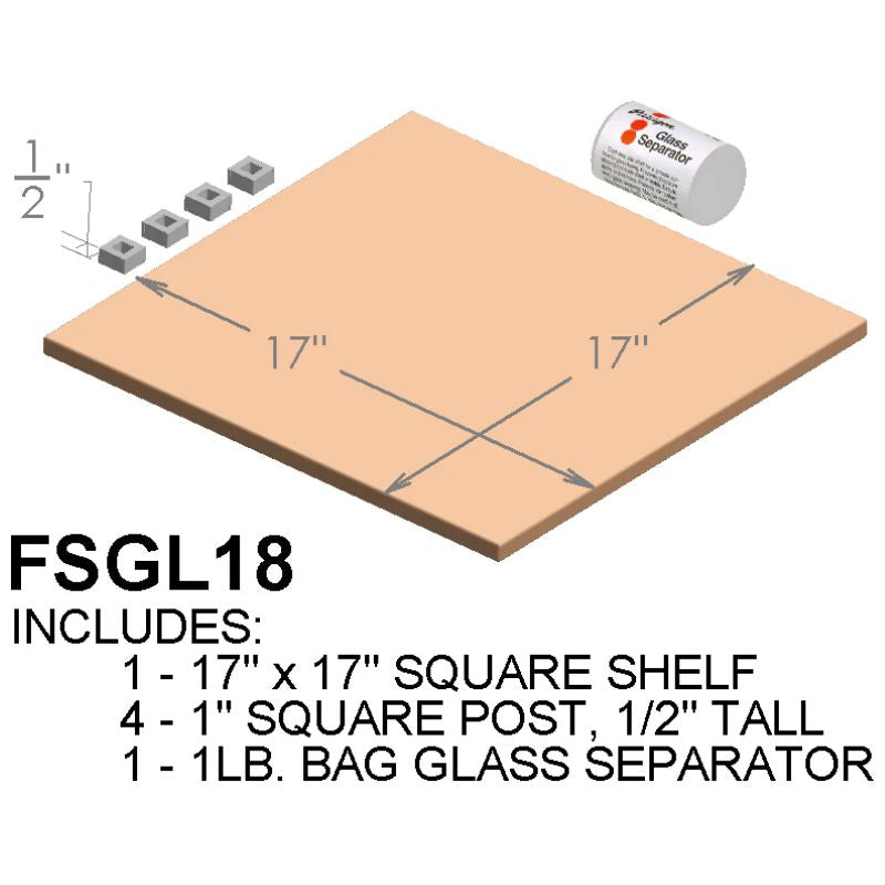 Illustrated image of the Paragon Kilns  Furniture Shelf Kit for GL18 Fusion 19 & CS 19 Kilns. It contains one 17" square shelf, 4 small 1" square posts  (1/2" tall), and a 1-pound bag of glass separator.