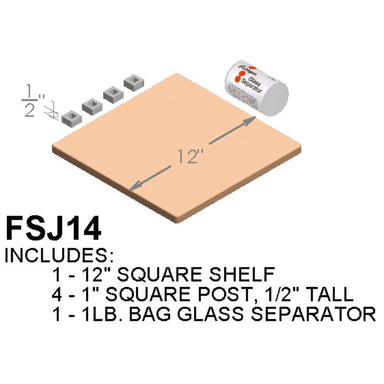 Illustrated image of the Paragon Kilns  Furniture Kit built for J14 and E14 enameling kilns. It contains one 12" square shelf, 4 small square posts, and one bag glass separator.