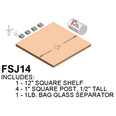 Illustrated image of the Paragon Kilns  Furniture Kit built for J14 and E14 enameling kilns. It contains one 12" square shelf, 4 small square posts, and one bag glass separator.