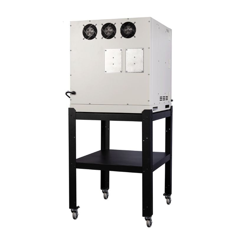 Back view of closed 18A annealing glass kiln from Hot Shot Oven & Kiln set atop the included rolling stand.