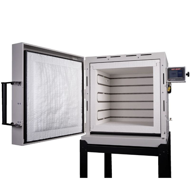 Hero view of opened 18A Anneling glass oven from Hot Shot Oven & Kiln set atop the included rolling stand.