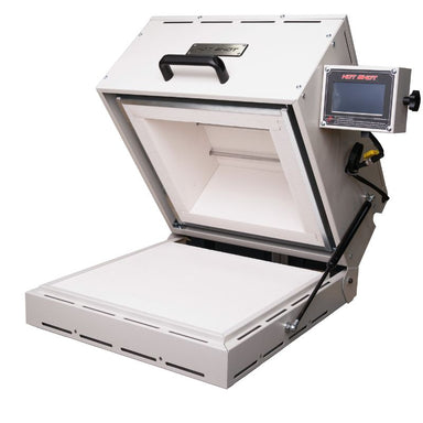 Left angled front view of Hot Shot Oven & Kiln HS-12G Glass Kiln with clamshell lid opened and temperature controller on right side.