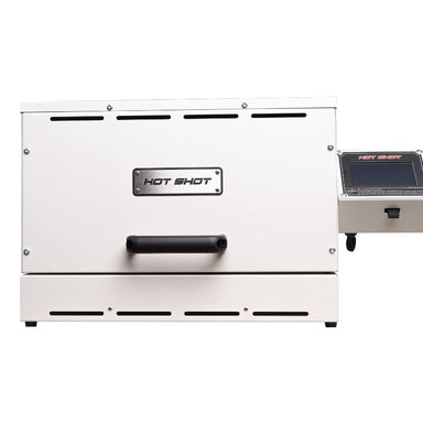 Straight-on front view of closed Hot Shot Oven & Kiln HS-12G Glass Kiln with  temperature controller on right side.