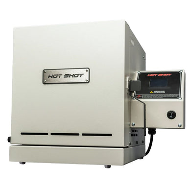 Front view of a close Hot Shot Oven & Kiln HS-7GW Wax Burnout Kiln, with the digital controller shown attached to the right side of the kiln.