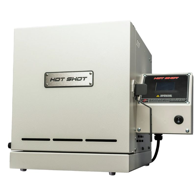 Front view of a close Hot Shot Oven & Kiln HS-7GW Wax Burnout Kiln, with the digital controller shown attached to the right side of the kiln.