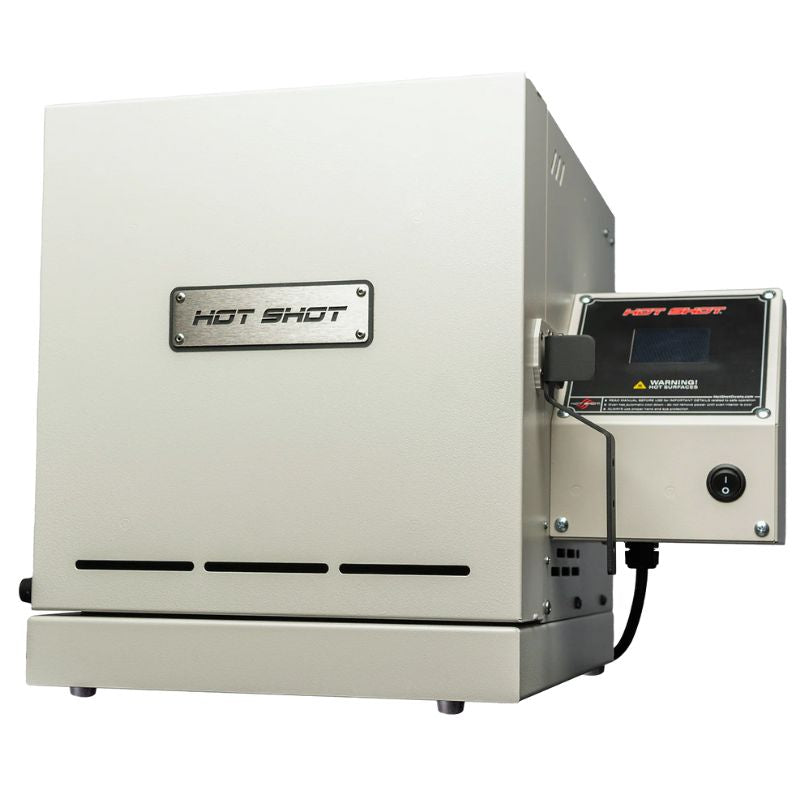 Straight-on view of closed HS-7GV Vitrigraph Glass kiln from Hot Shot with digital controller on right side.